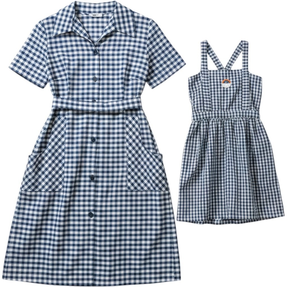 Vintage Handmade Mommy and Me Gingham Dress Set Navy Blue Cottagecore Matching